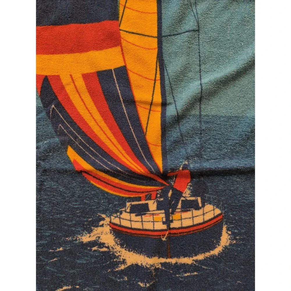 Vintage Cannon Sailboat Beach Towel Retro Graphic Nautical Terry Cloth Cotton